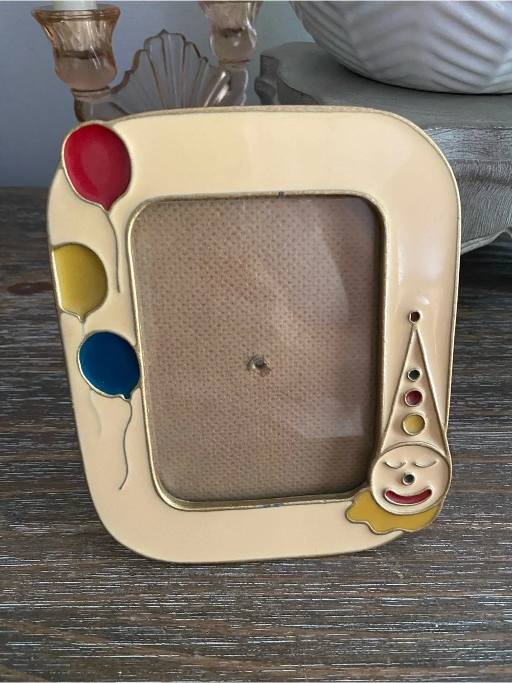 Vtg Bucklers Brass Enamel Clown Balloons Picture Frame Beige Red Yellow Blue 4x6